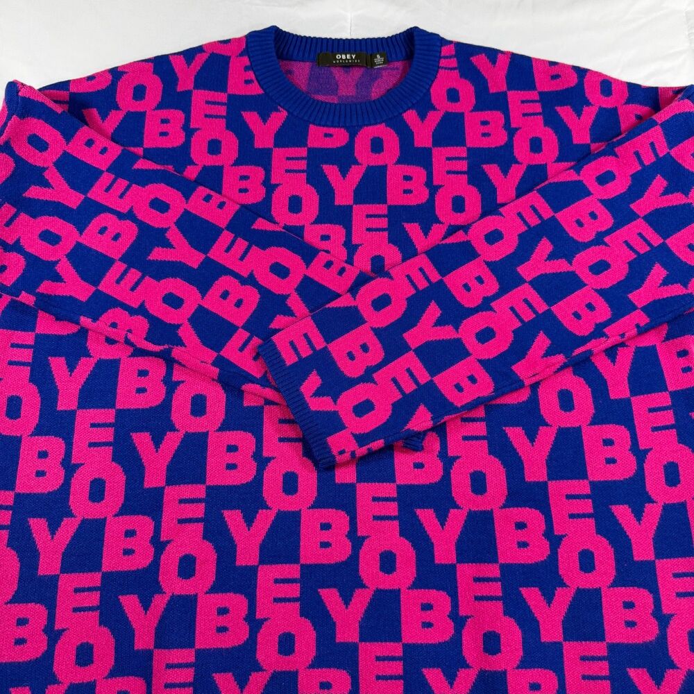 Obey Women's Sweater Stacked Cobalt Blue/Hot Pink Size Small